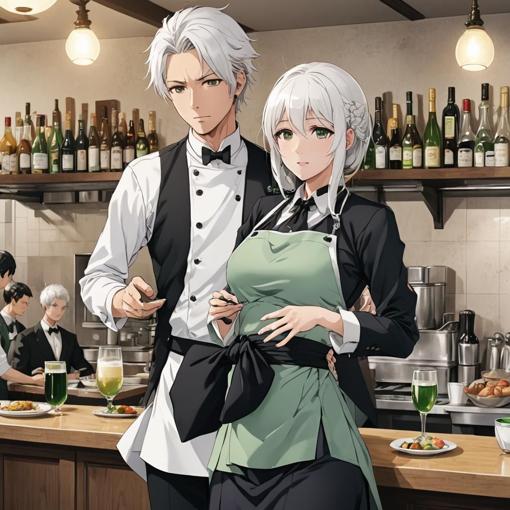 Anime Pregnant Waitress with White Hair in Black and Green