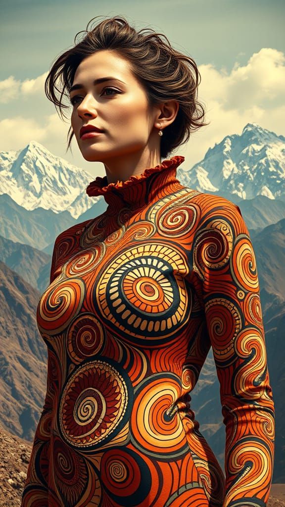 Op-Art Lady with Swirling Patterns and Himalayas
