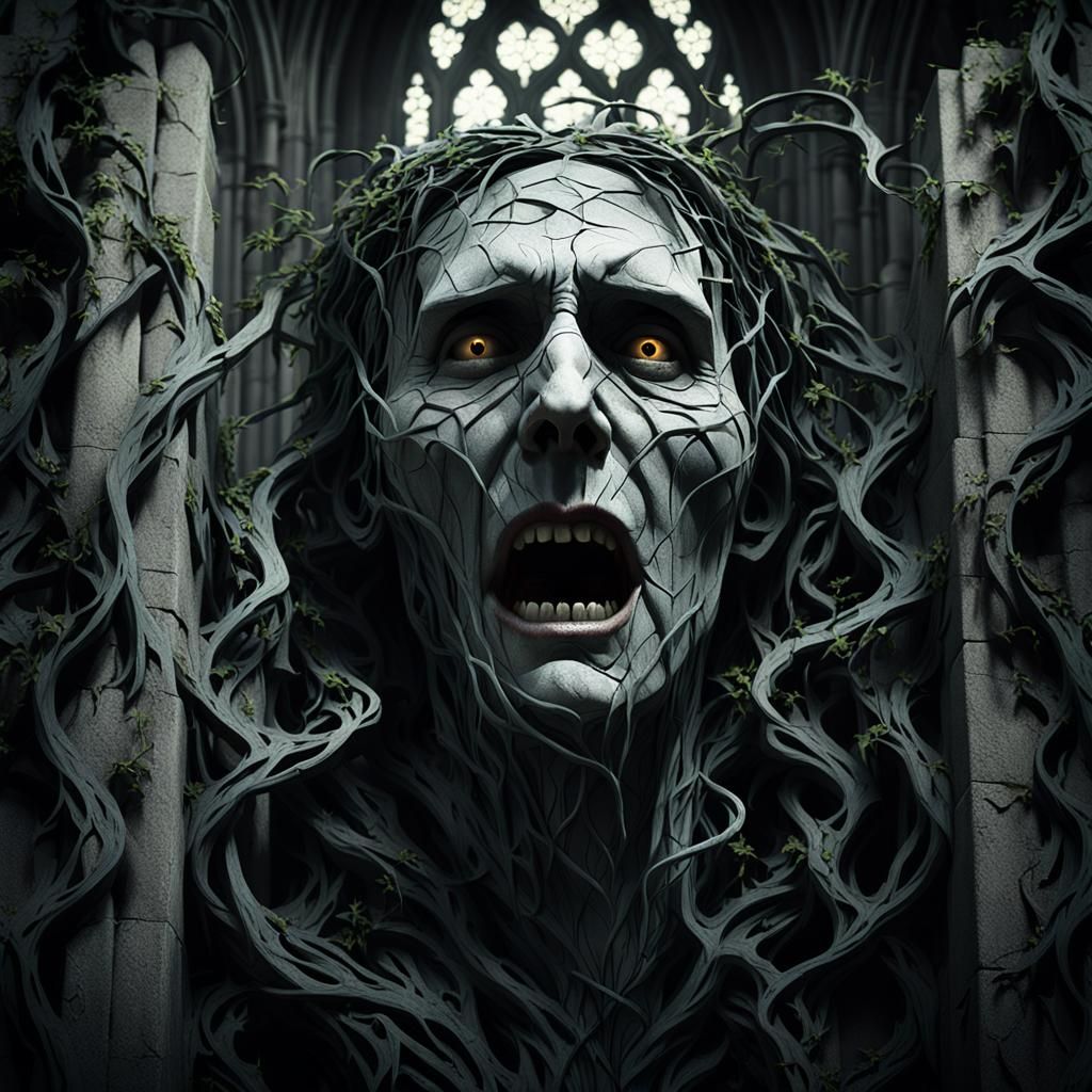 Gothic Horror: Terrified Figure Ensnared by Twisted Vines