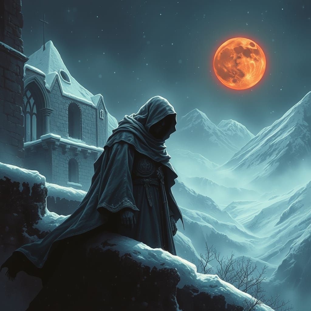 Ghostly Templar Knight Haunts Abandoned Castle on Winter Nig...