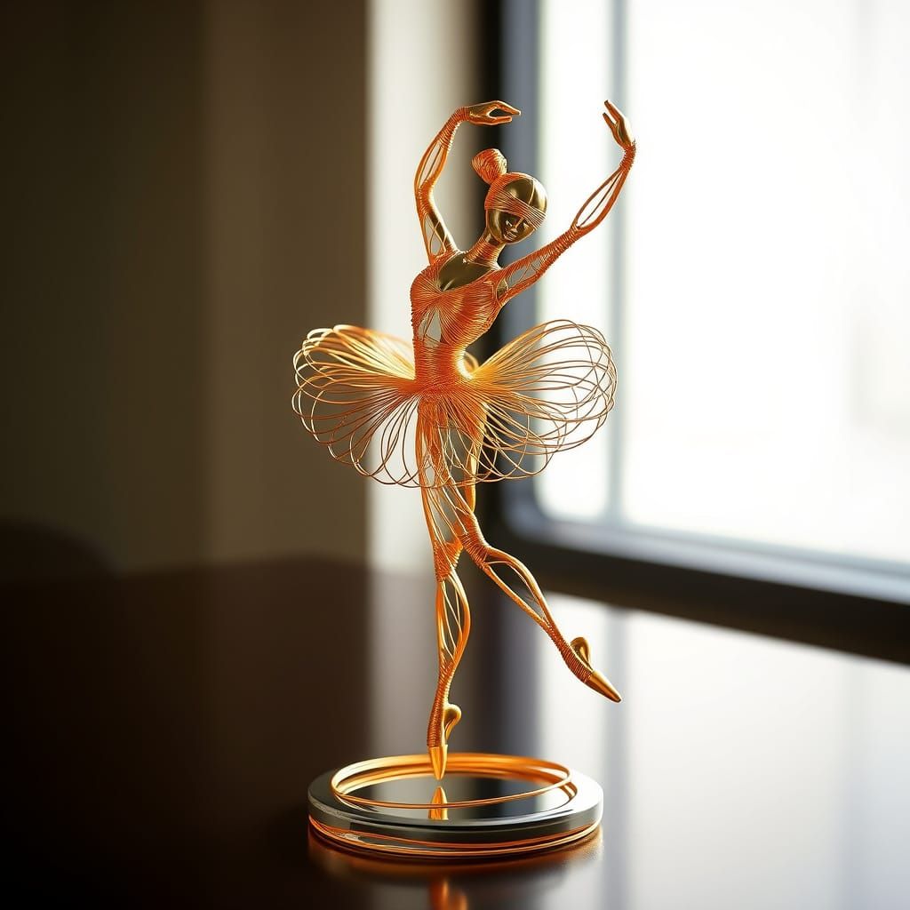 Ballet dancer desk statuette made of twisted golden wire that hints at the beautiful form and grace of the ballerina and...
