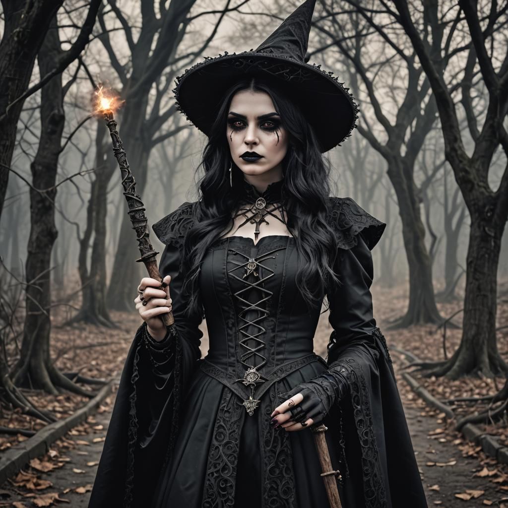 Goth Witch Wields Her Wand in a Hyperrealistic Scene