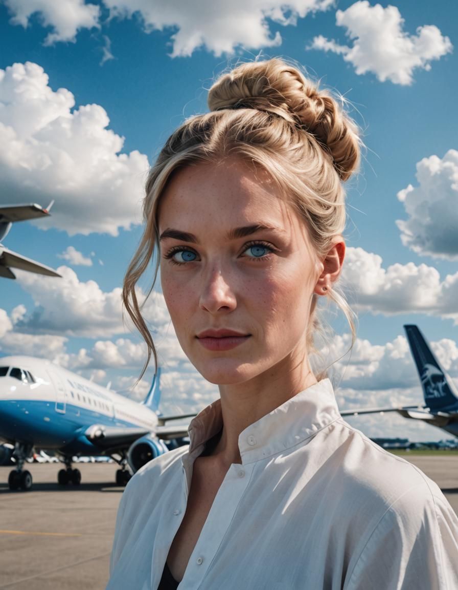 A Blonde Woman Looks Up at a Passing Airplane in a Clear Blu...
