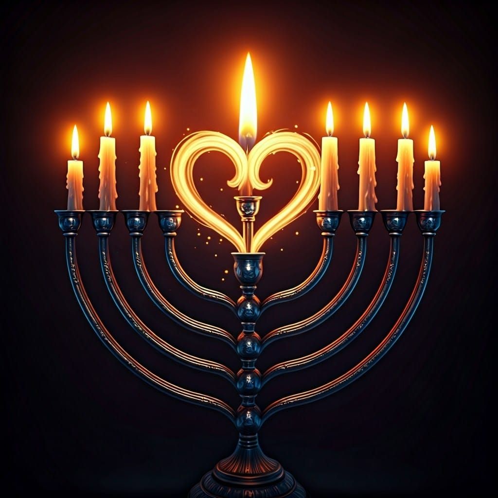 Eight-Branched Menorah with Heart-Shaped Flames on White