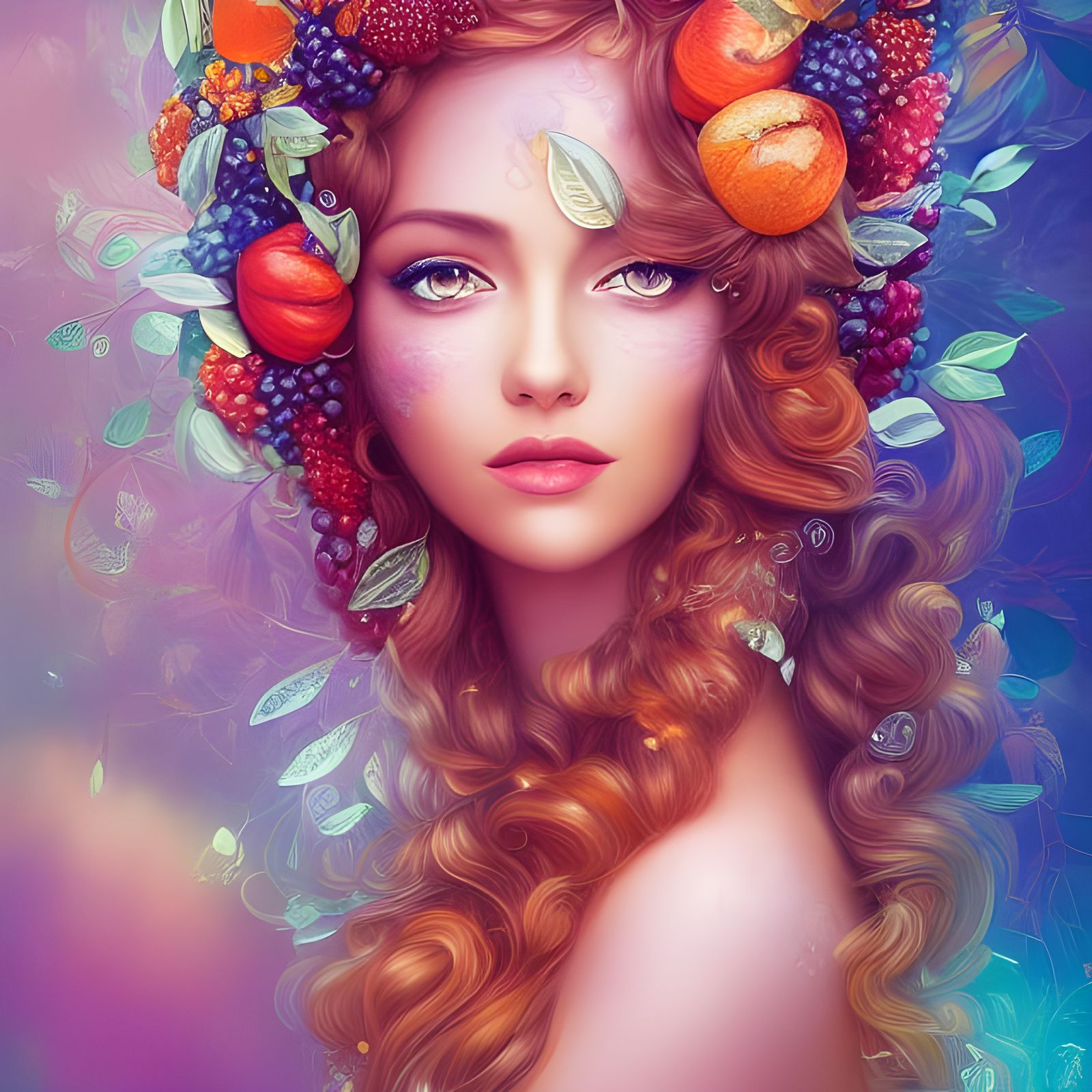 Hyperintricate Goddess of Fruit with Glowing Hair
