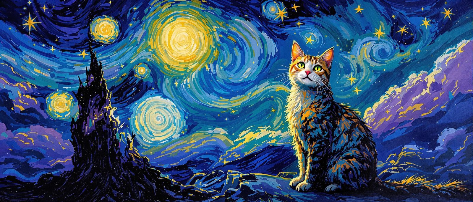 A Cat stands alone in a starry night