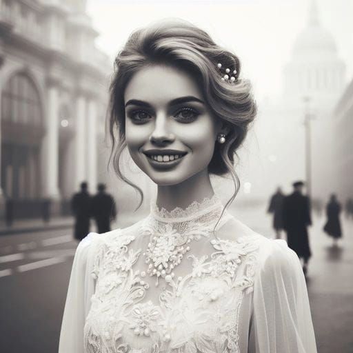 Victorian Lady Emerges from Foggy London Streets