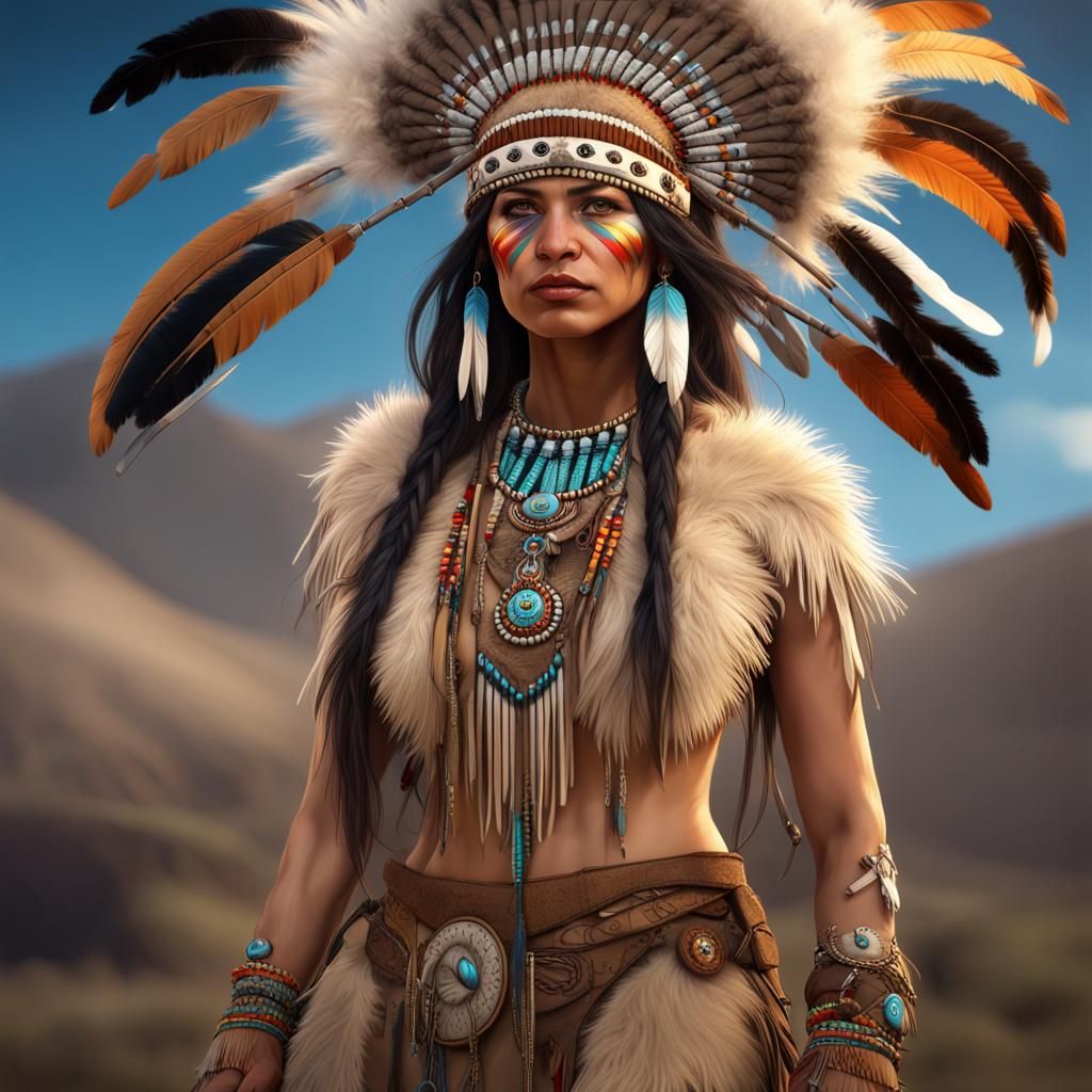 Surreal Buckskin Medicine Woman in Vibrant Ceremonial Dress