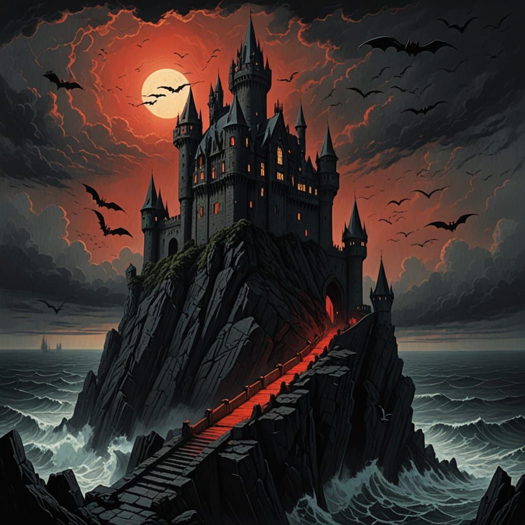 Gothic Obsidian Castle on Jagged Cliff Overlooking Stormy Se...