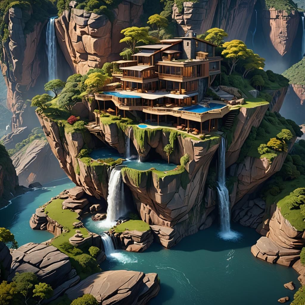 Breathtaking Cliffside Oasis in Vibrant, Fantastical Style