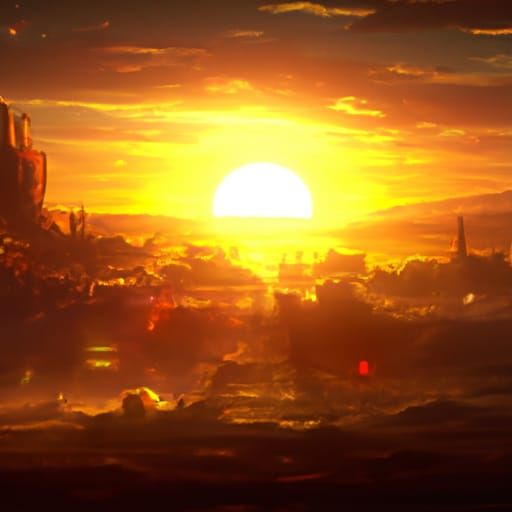 Cyberpunk Apocalypse Illuminated by a Flickering Sunset