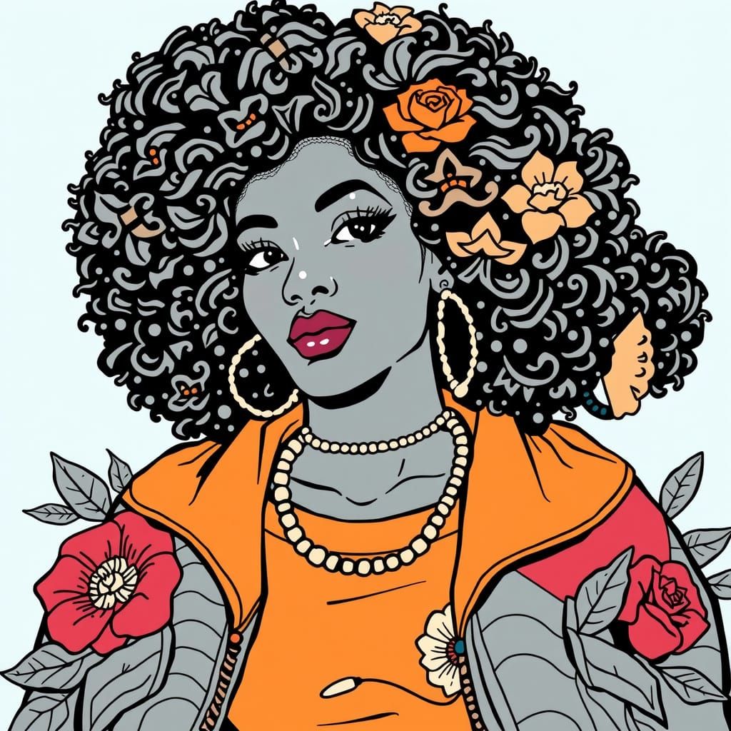 Sultry Afro Woman in Bold Streetwear, Blending Classic and M...