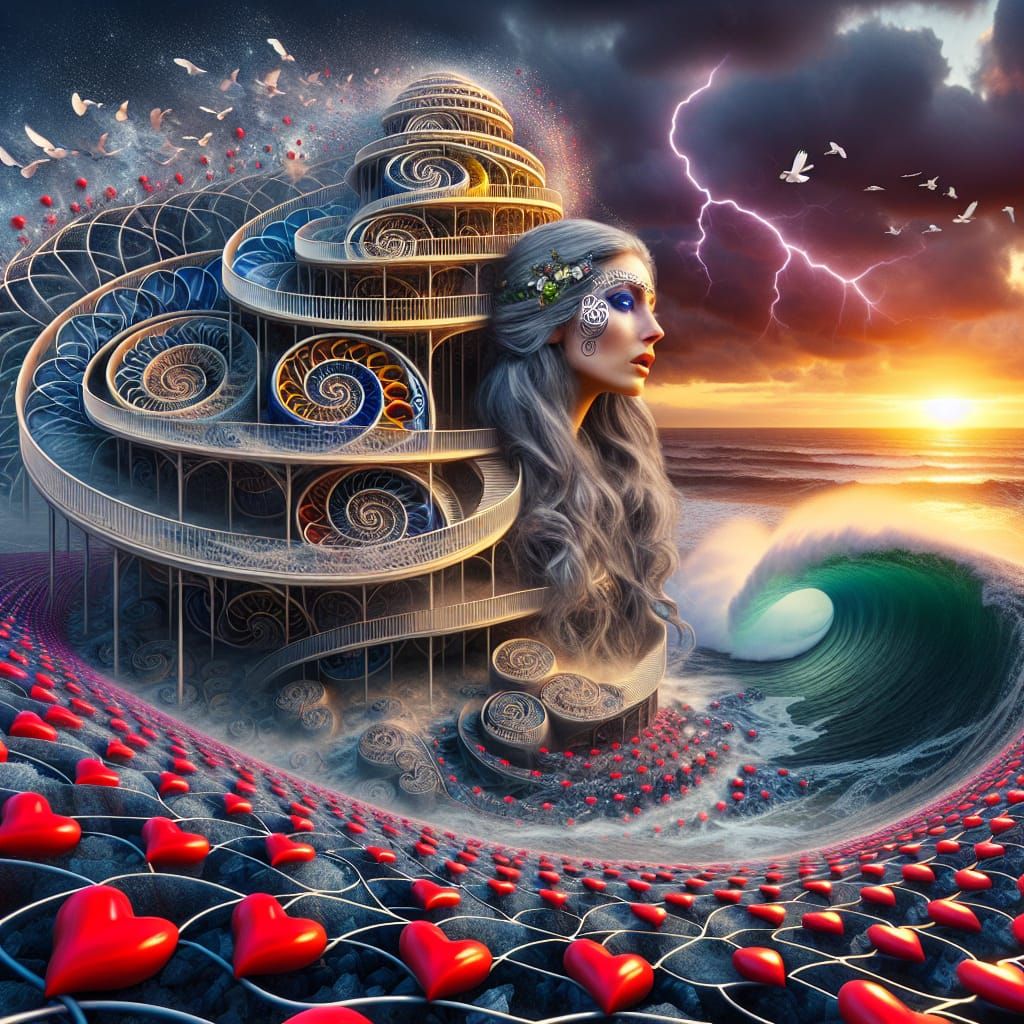 Ethereal Celtic Goddess in Dreamlike Spiral Citadel with Red...
