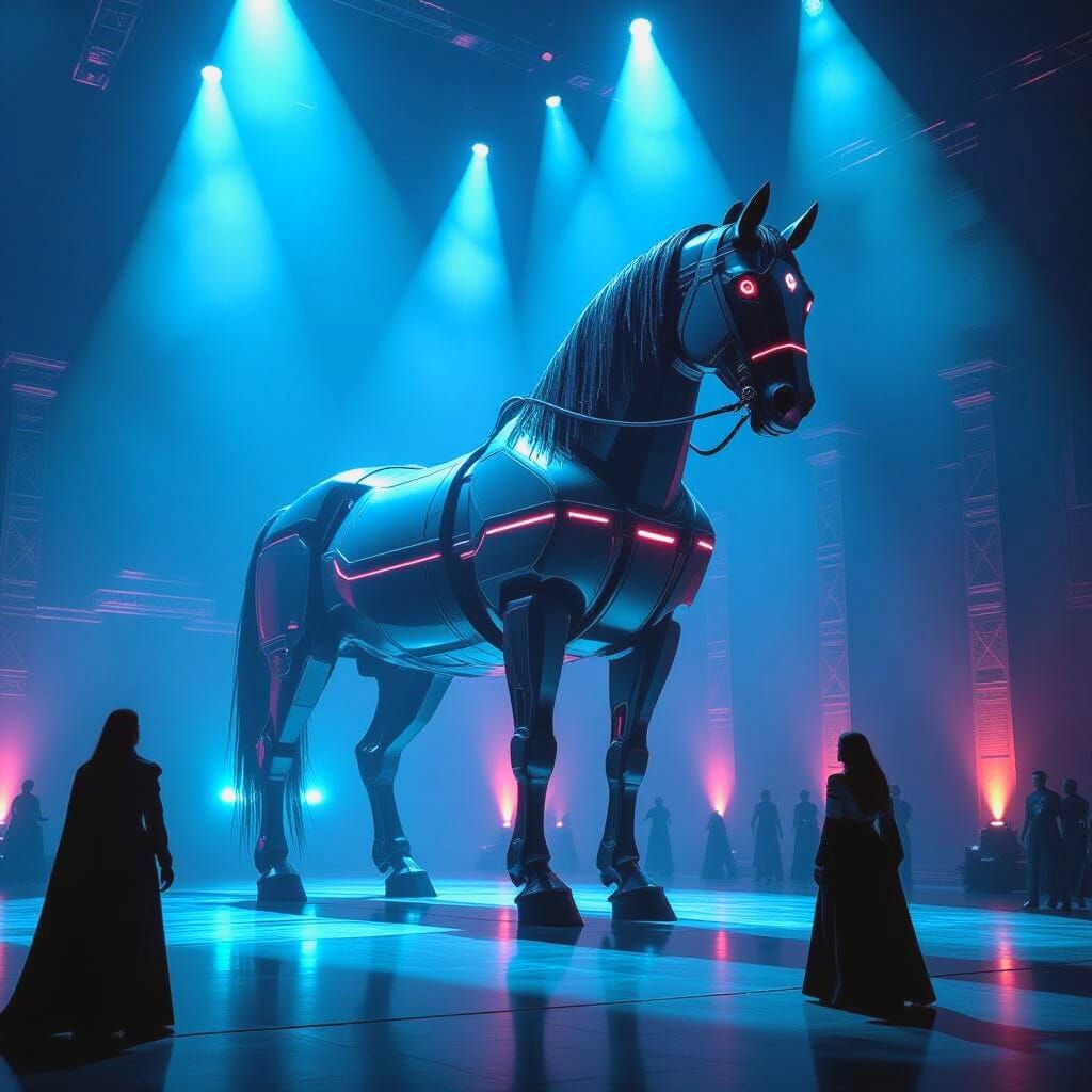 Futuristic Rocking Horse Under Dazzling Stage Lights