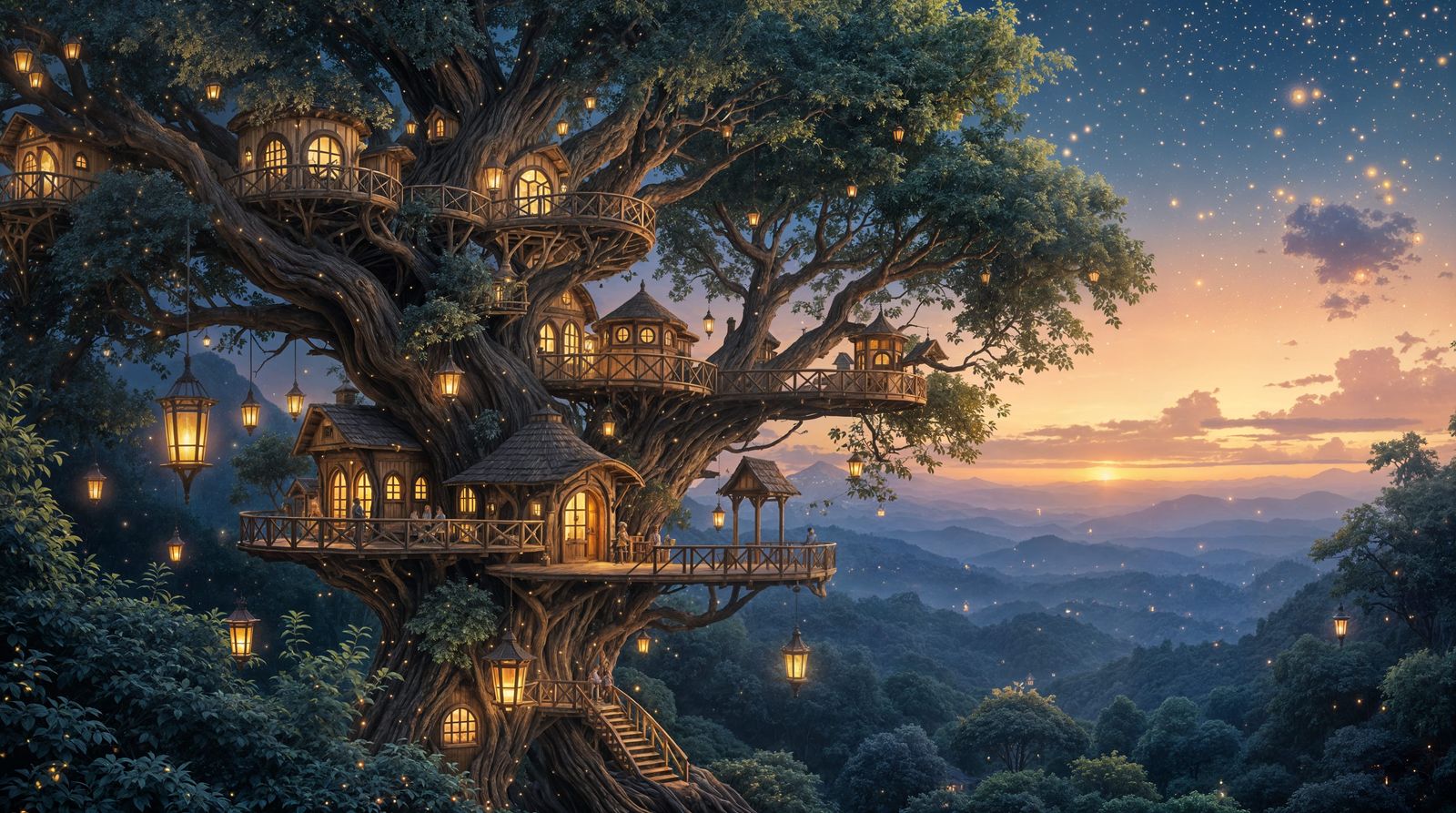 Ethereal Twilight Village Among Ancient Trees