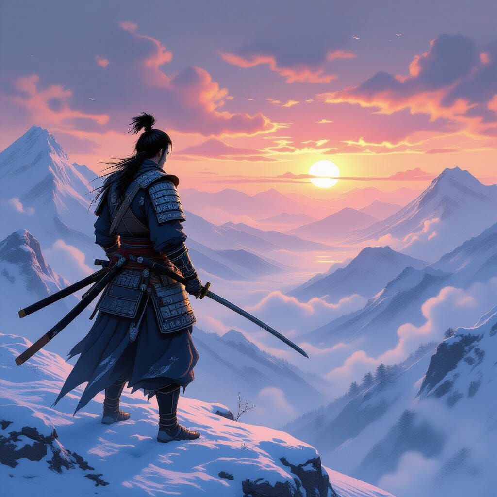 Samurai on Snowy Peak, Realistic Style