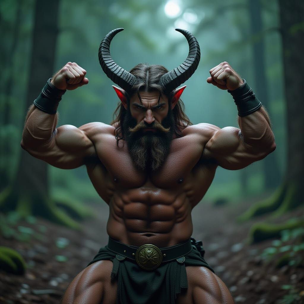 Muscular Satyr Flexing on Forest Floor