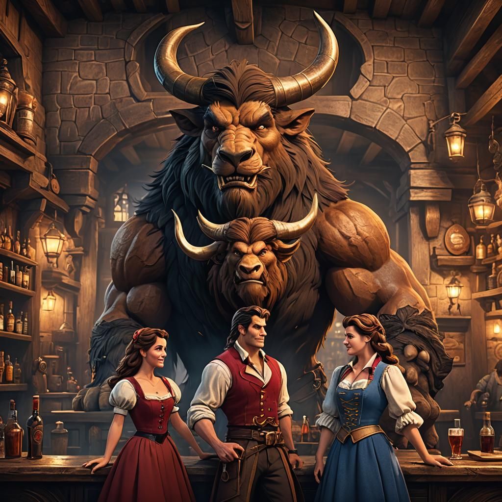 Surreal Tavern Scene with Enchanted Beast's Trophy