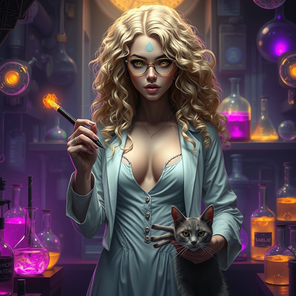 Scary Scientist With Cat in Futuristic Lab