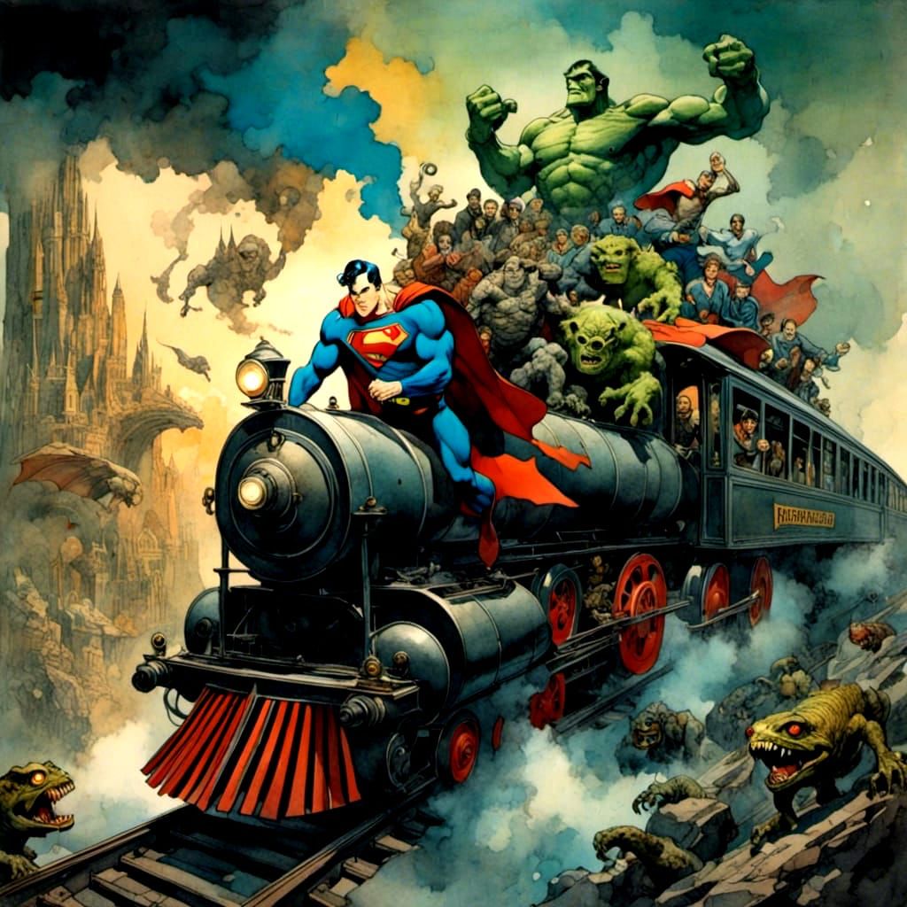 Superman riding on a train full of Frankenstein Monsters!