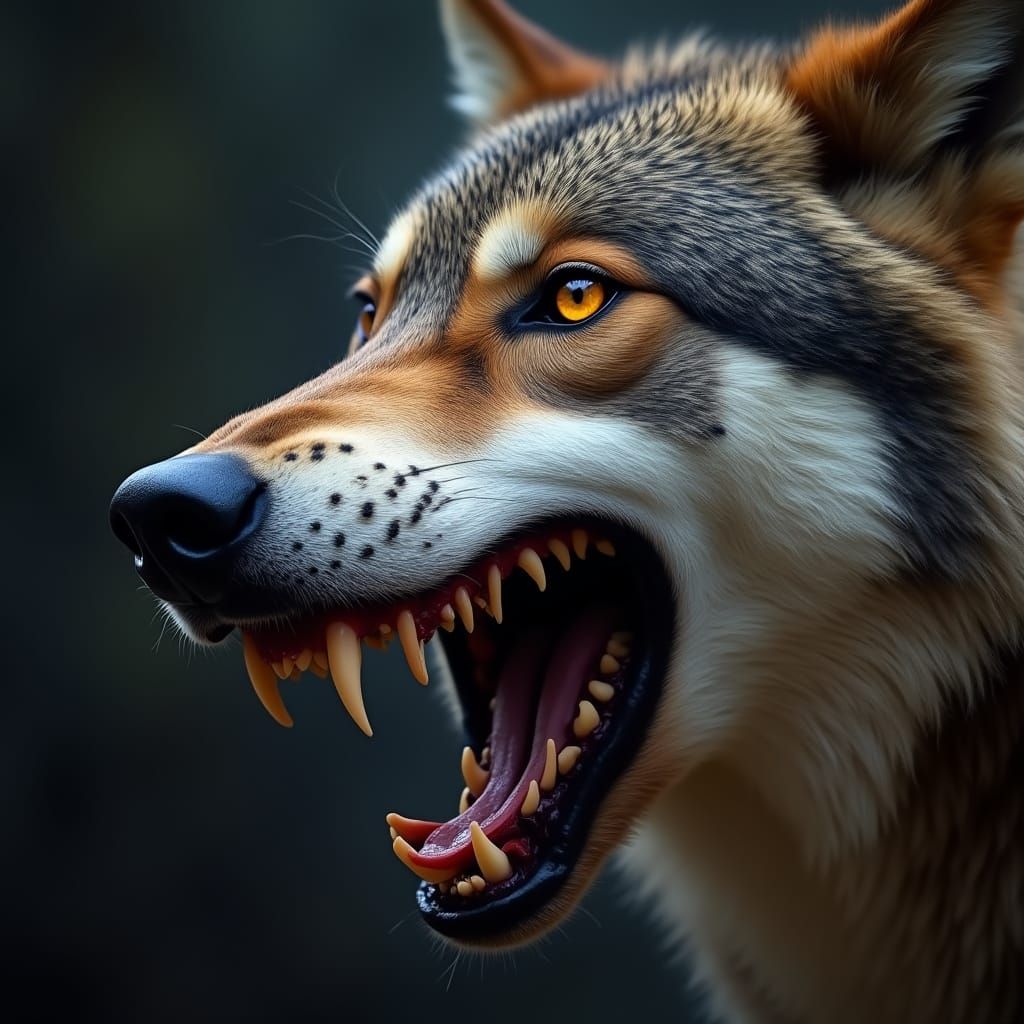 Intense Close-Up of a Wolf's Snarling Face