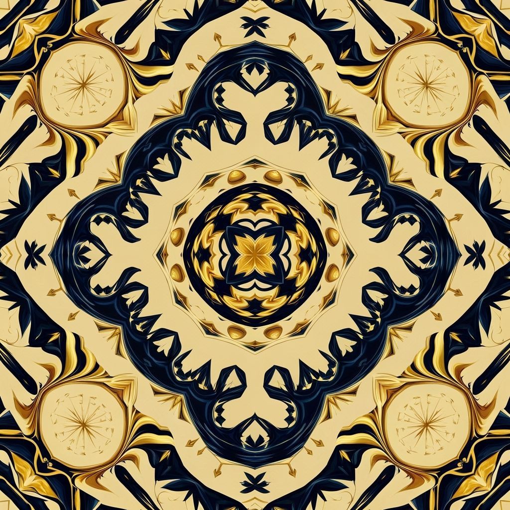 Intricate Kaleidoscope Mosaic Art in Blue, Gold, and Orange