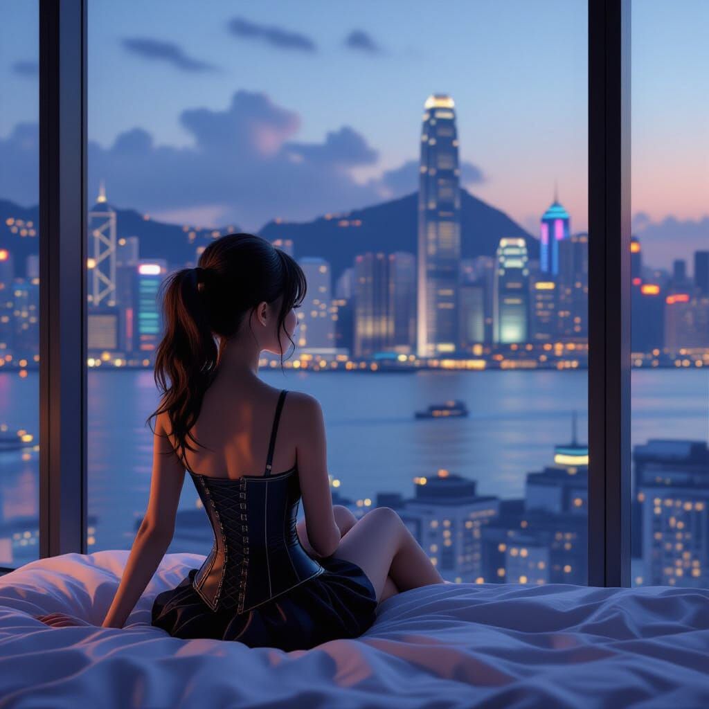 Girl Gazes at Victoria Harbour Twilight View in Digital Art ...