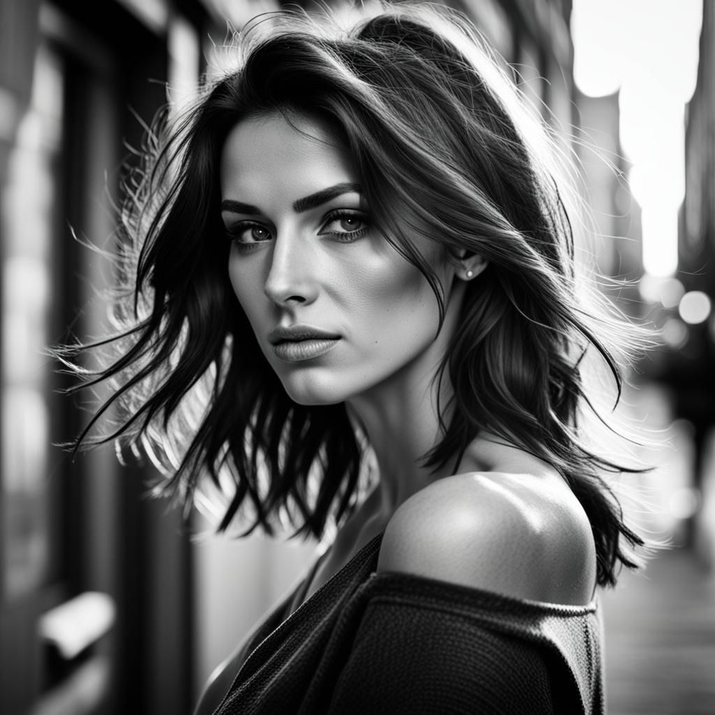 Moody Black and White Portrait in Urban Setting