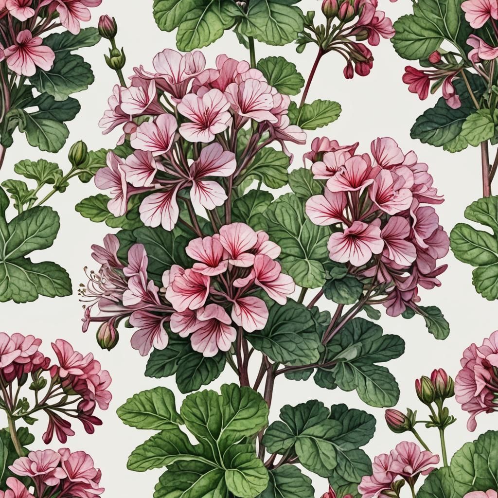 Traditional Watercolor Botanical Illustration of a Pelargoni...