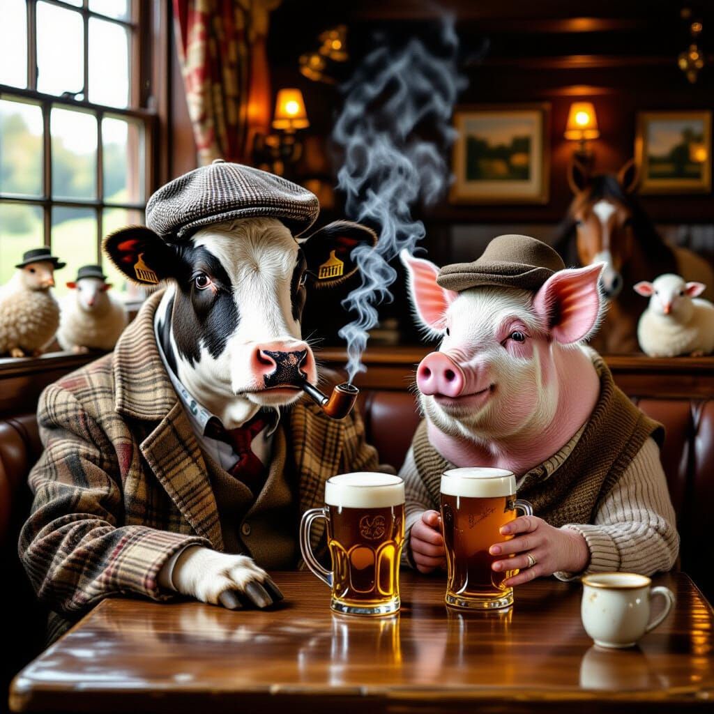 Cow and Pig Enjoying Pints in Cozy English Pub