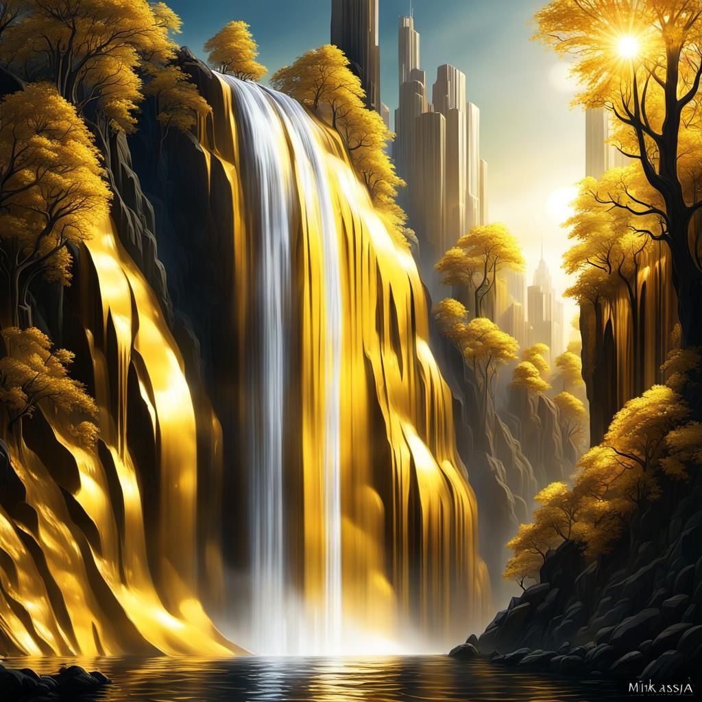 Surreal Industrial Landscape Unveils Golden-Yellow Waterfall