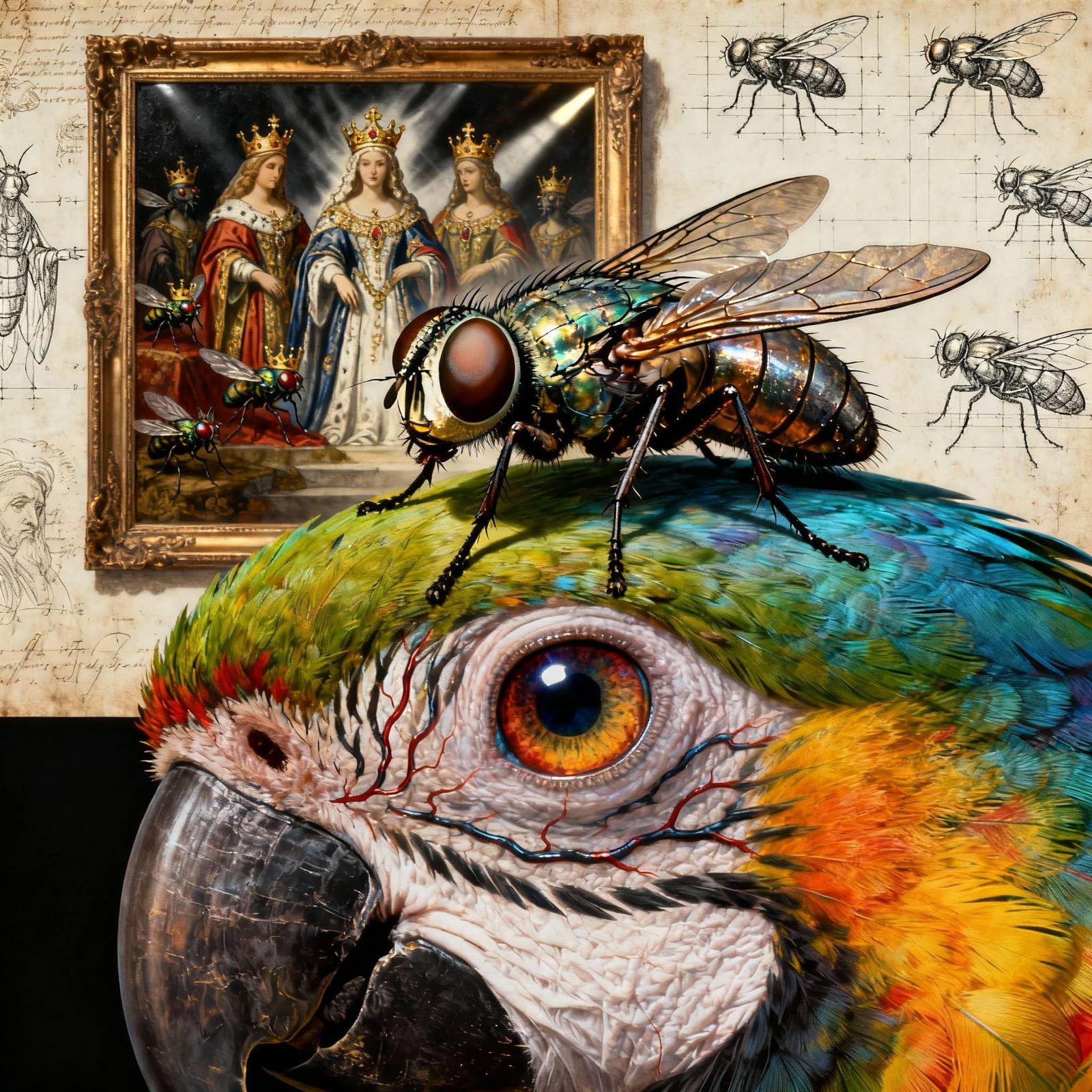 Giant Fly on Parrot Eye: Detailed Technical Drawing