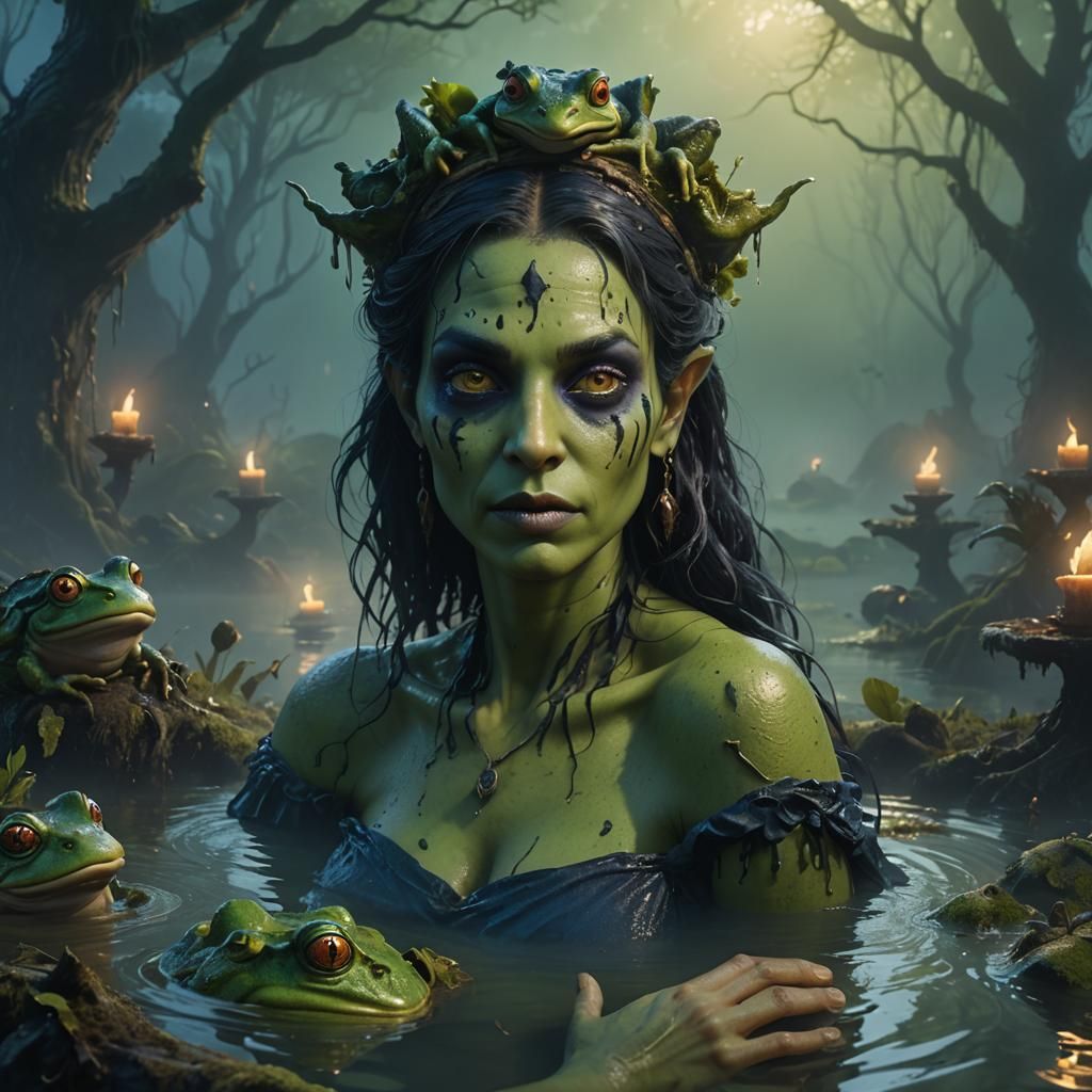 Enchanted Swamp Witch in Deep Blues and Greens