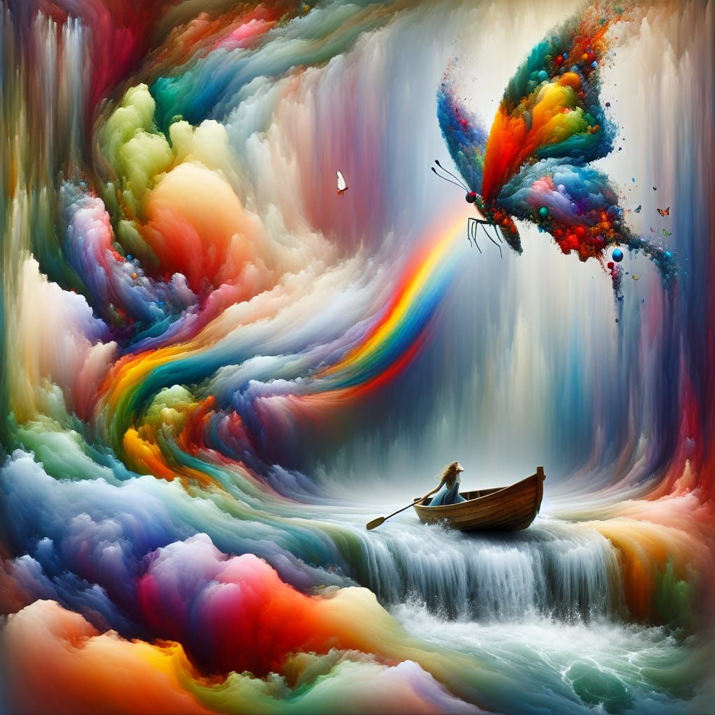 Vibrant Butterfly Dances Over Waterfall