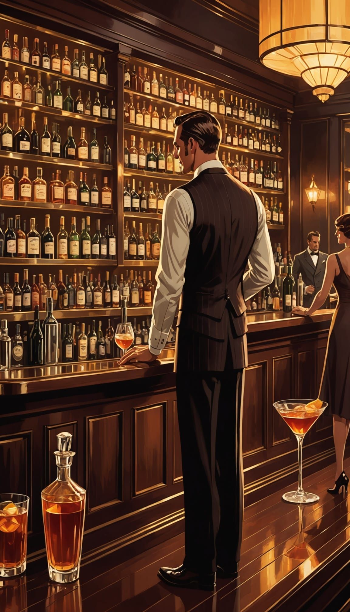 Art Deco Bartender Mixes Cocktail in Vintage Style