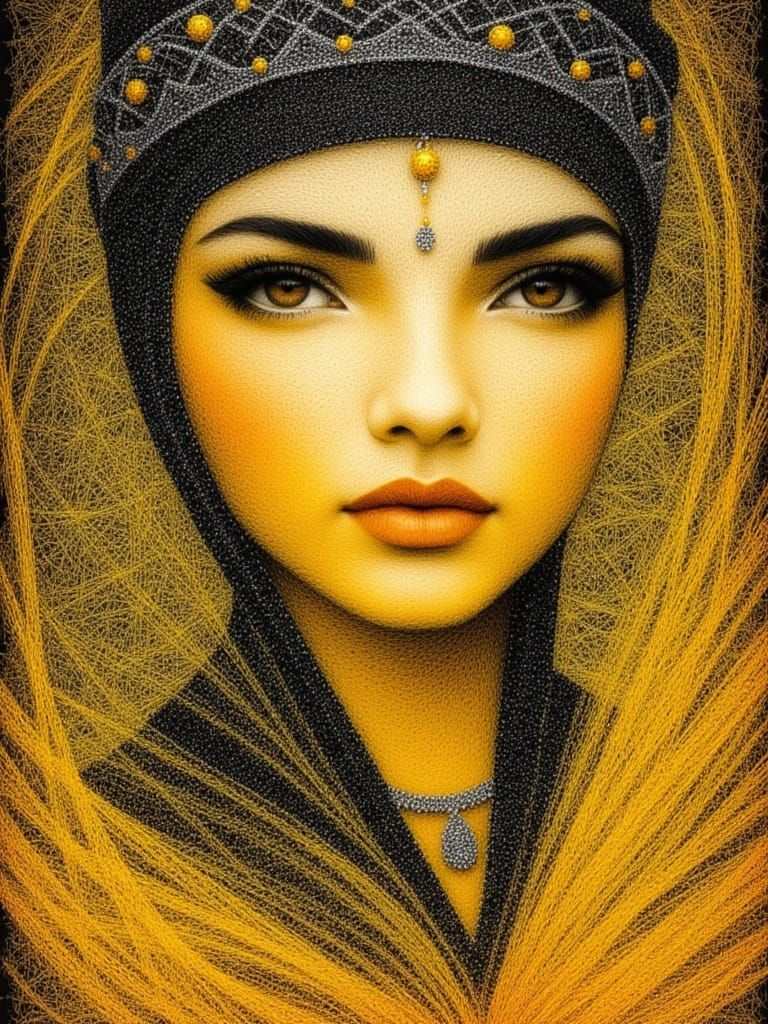 Grungy Boho Female Portrait in Fine Line String Art Style