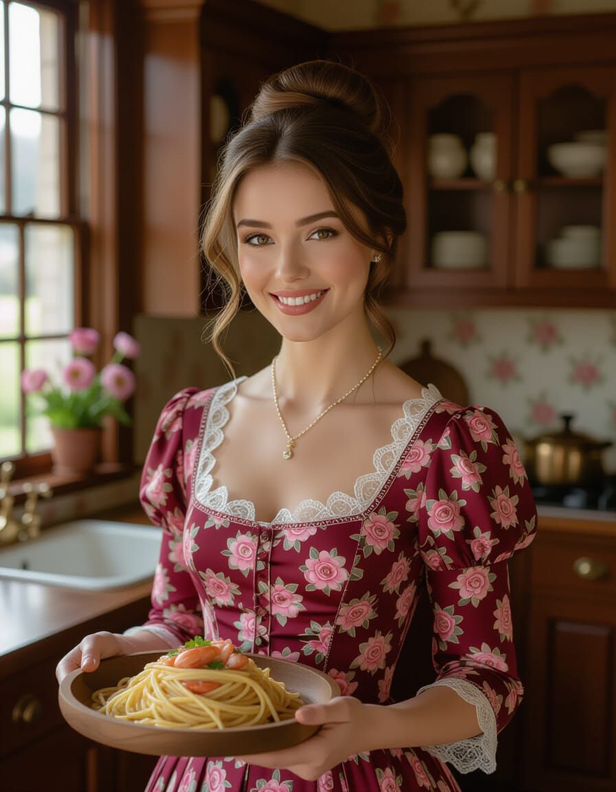 Victorian Woman Smiles in Kitchen with Seafood Spaghetti