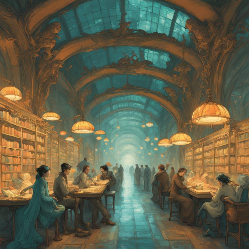 Mermaids in Underwater Library: Fantasy Concept Art