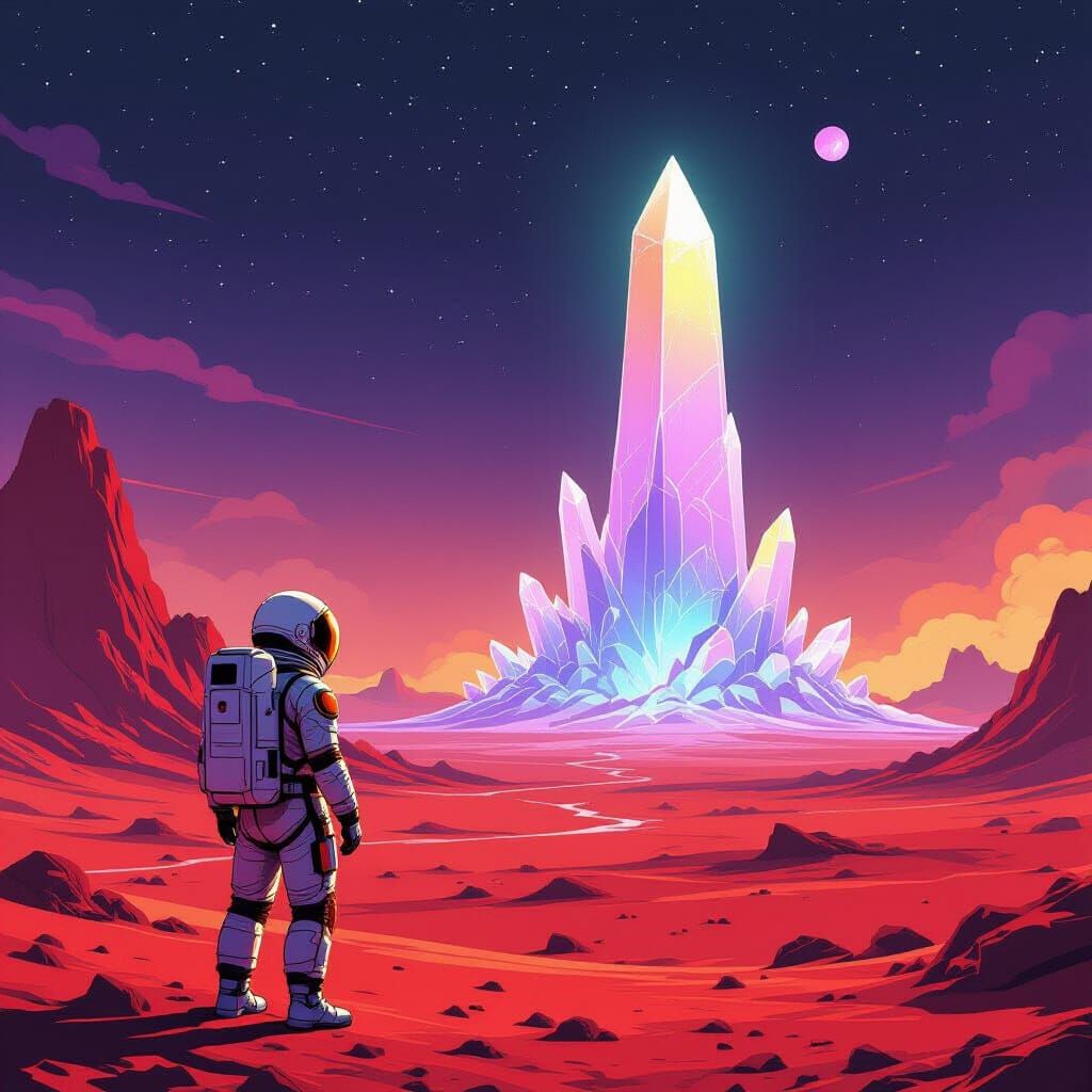 Astronaut on Crimson Planet with Crystalline Structure