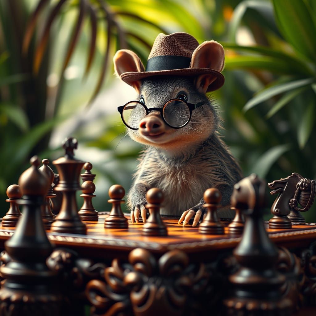 Whimsical Chess-Playing Capivara in Tropical Splendor