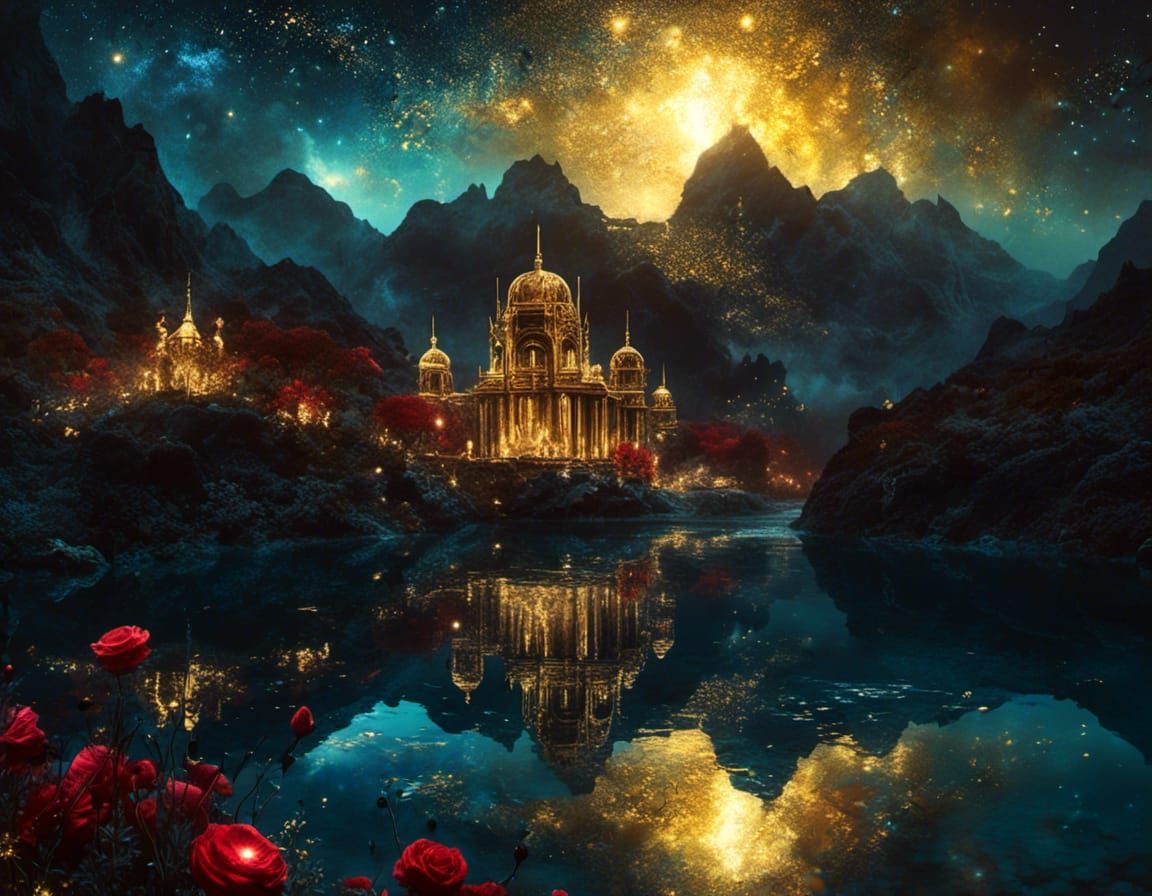 Galactic Midnight Mountain View with River Reflections