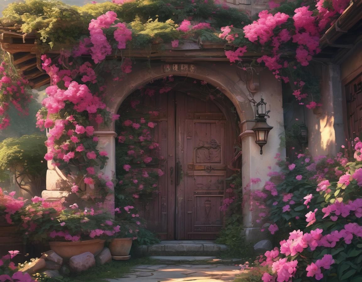 Vibrant Anime Village Door in Bougainvillea Bloom