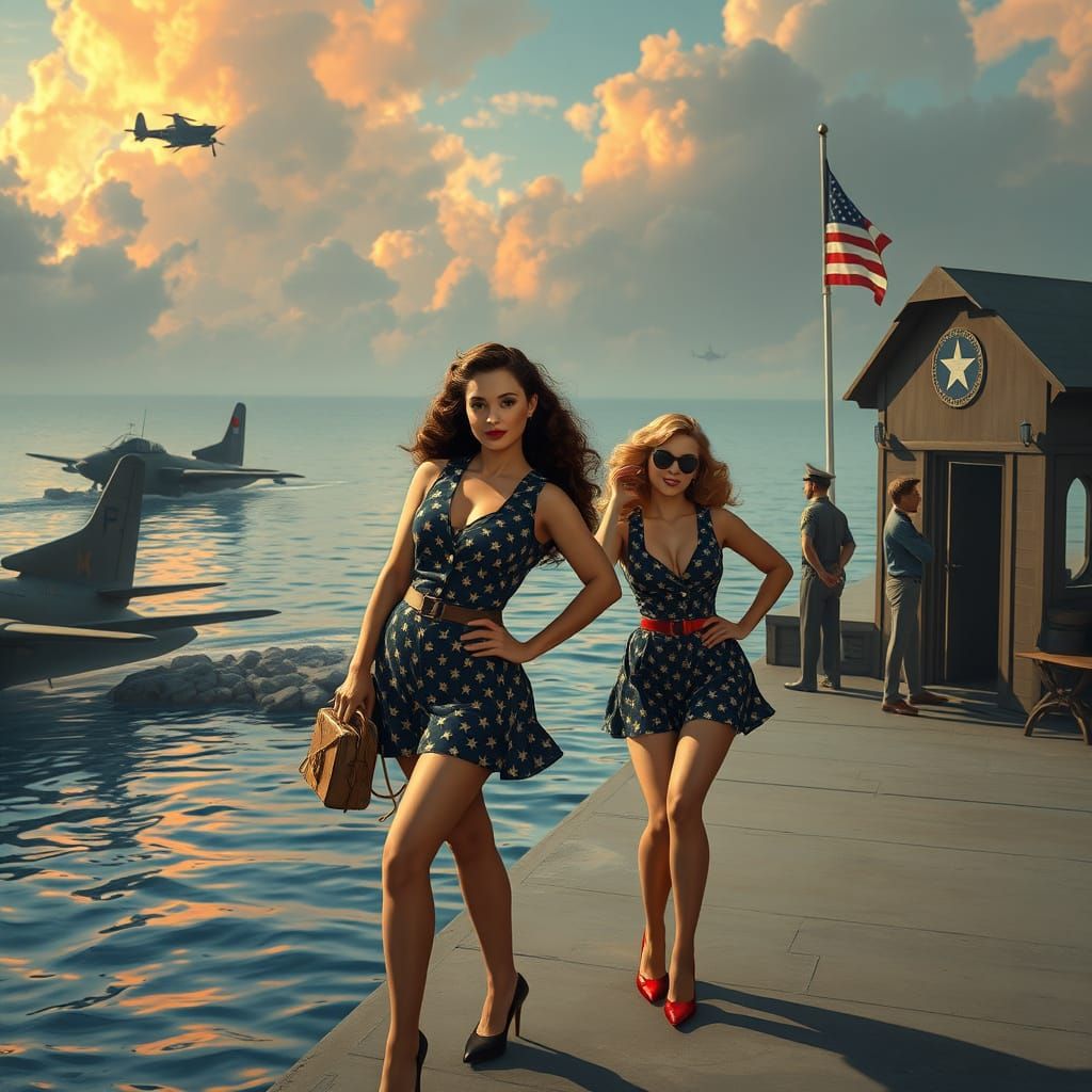 Vintage Pin-Up Girls Amidst WWII Navy Base in a Fantastical ...