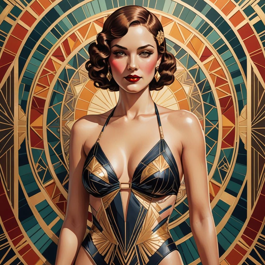 Art Deco Woman Posing in Stylish Bikini