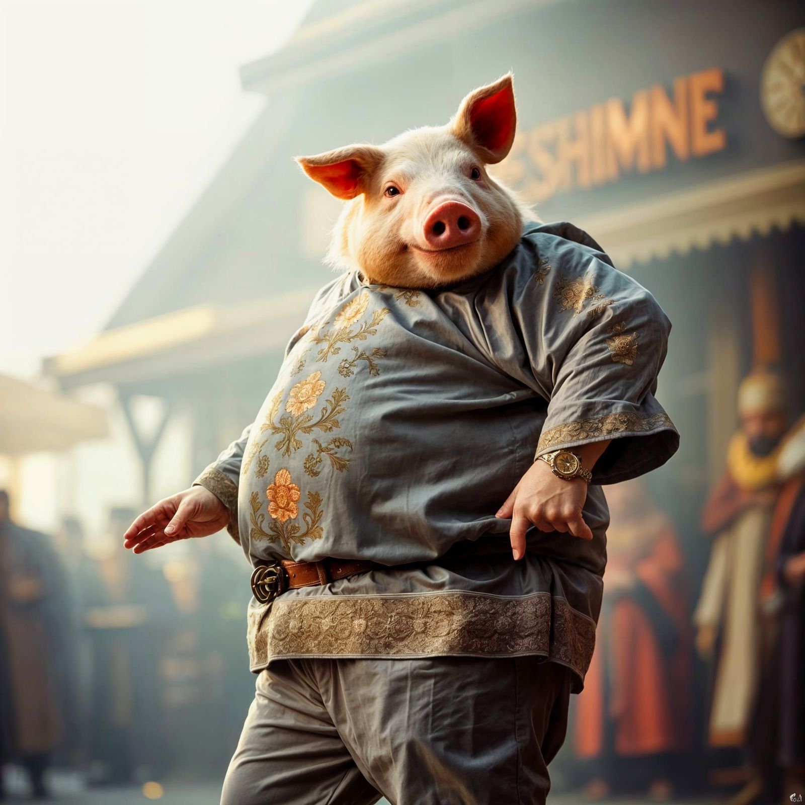 Jovial Pig-Human in Opulent Russian Folk Attire