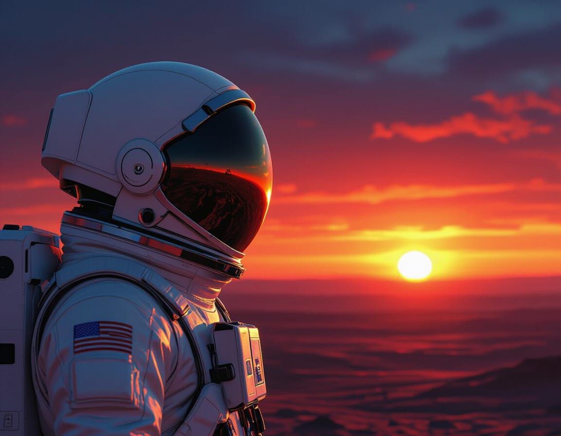 Astronaut Gazes at Alien Sunset in Digital Matte Painting