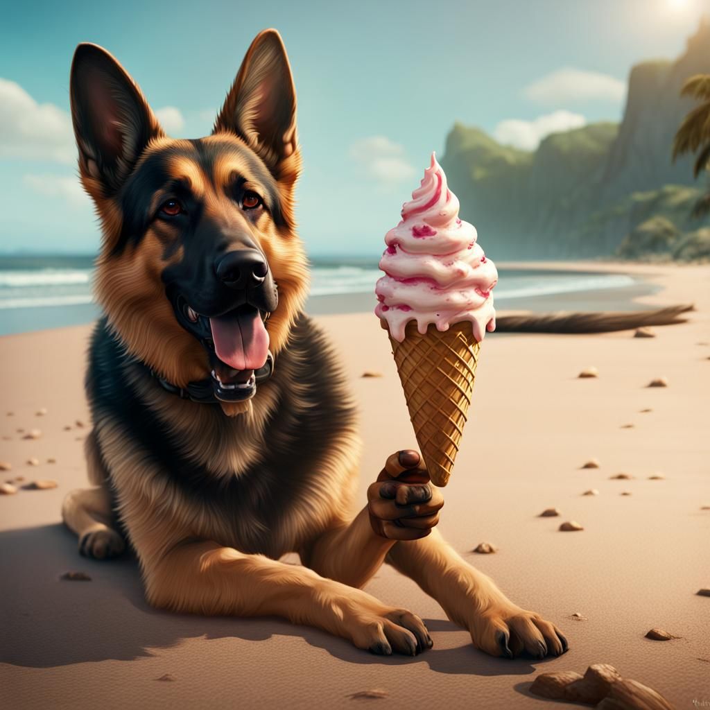 German Shepherd Delights in Beachside Ice Cream