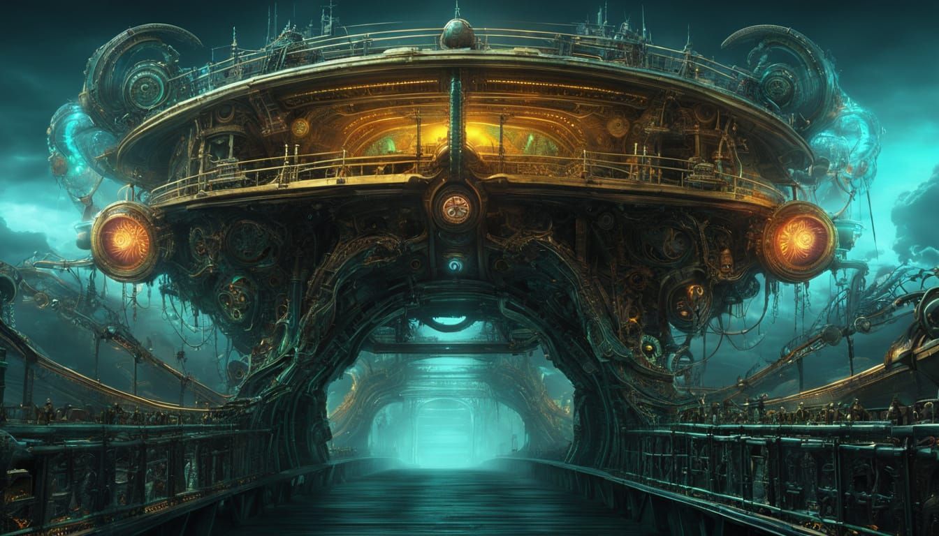 Surreal Steampunk Bridge in Bioluminescent Neon