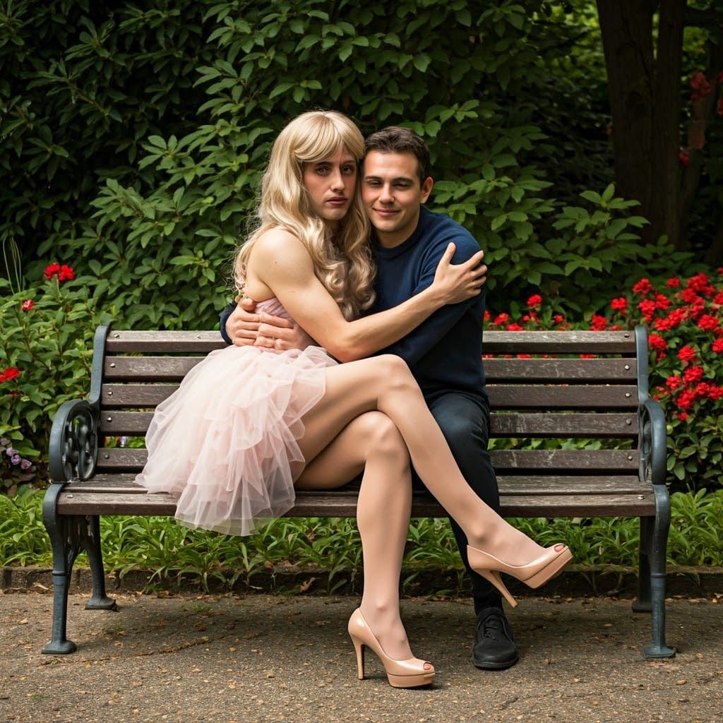 Worried Young Man in Bridesmaid Dress Hugged in Park