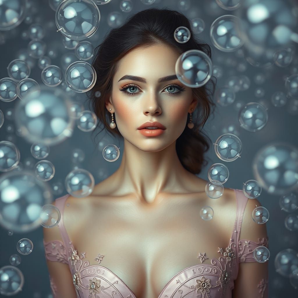 Woman Surrounded by Floating Latex Bubbles in Hyperrealism